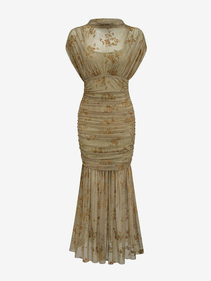 Party Dress Maxi Light Apricot Stand Collar Pleated Short Sleeves Printed Dress