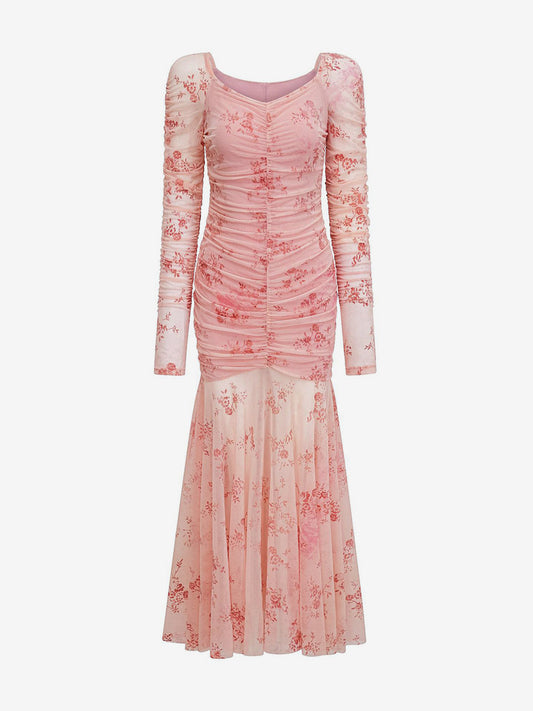 Party Dress Maxi Light Apricot Stand Collar Pleated Long Sleeves Printed Casual Dress