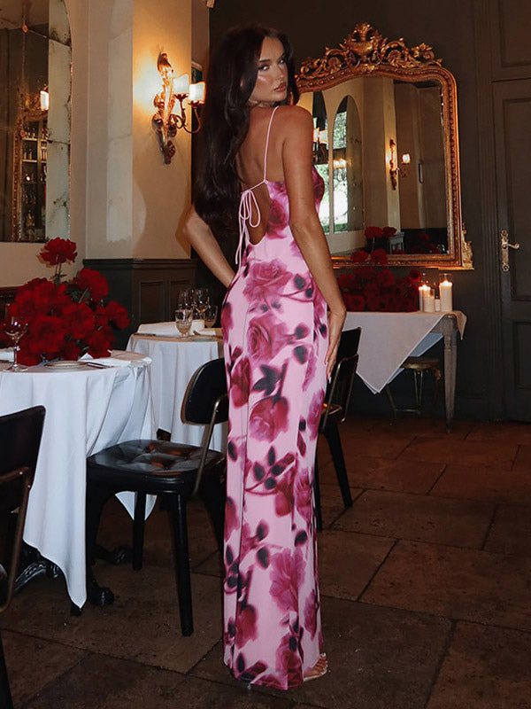 Party Dress Maxi Pink Straps Neck Sleeveless Printed Clothes Casual Semi Formal Dress