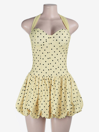 Date Night Dresses Mini Lace Up Sleeveless Halter Chic Yellow Dress