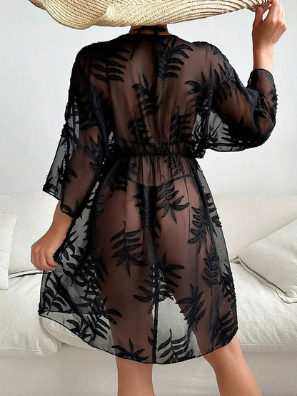 Vacation Dresses Sheer Shaping 3/4 Length Sleeves V-Neck Chic Black Dress