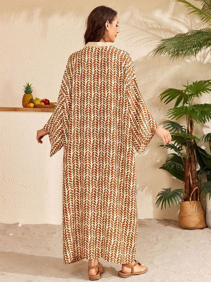 Vacation Dresses Oversized Long Sleeves Printed Casual Rose Dress
