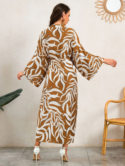 Vacation Dresses Oversized Long Sleeves Printed Casual Rose Dress