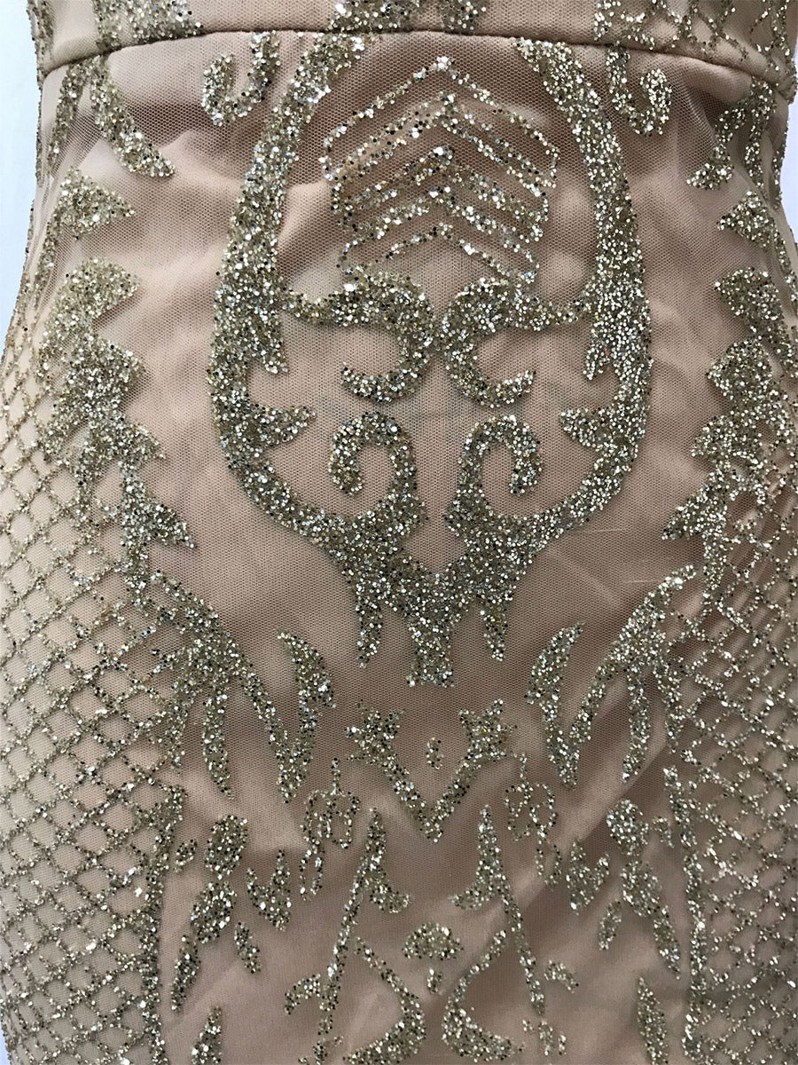 Party Dress Gold V-Neck Lace Sleeveless Shaping Chic Semi Formal Dress