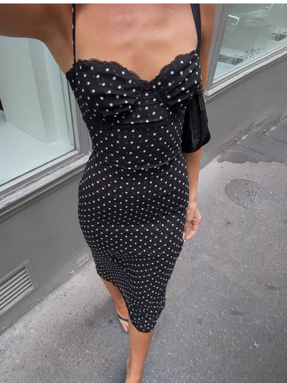 Daily Dresses Woman's Midi Dress Black Polyester Sleeveless Straps Neck Polka Dot Dress