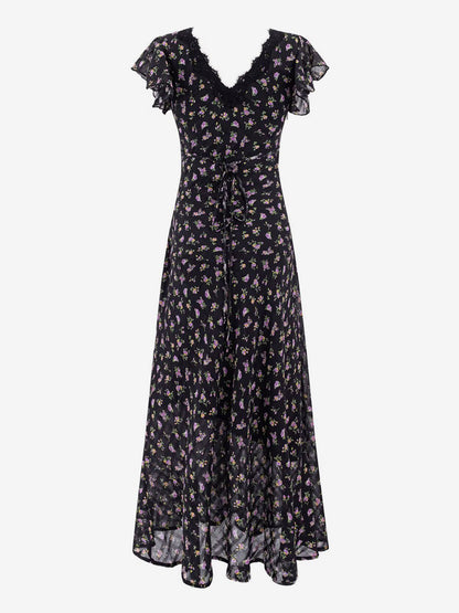 Daily Dresses Black Shaping Lace Short Sleeves High Collar Raised Waist Cap Sleeves Dress