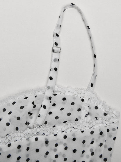 Daily Dresses Woman's Midi Dress Black Polyester Sleeveless Straps Neck Polka Dot Dress