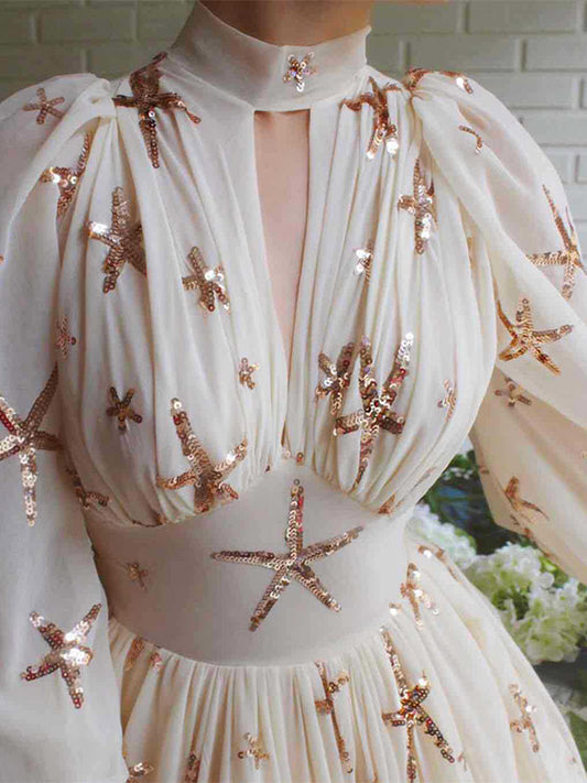 Party Dress Dresses Party Dresses Ocean Blue High Collar Sequins Long Sleeves Shaping Puff Sleeves Elegant Semi Formal Dress