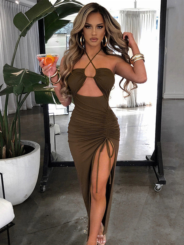Night Out Dresses Deep Brown Polyester Sleeveless Halter Backless Summer Dress