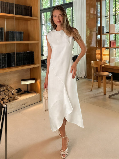 Daily Dresses Maxi For Woman Sleeveless Jewel Neck Natural Waist Elegant White Dress