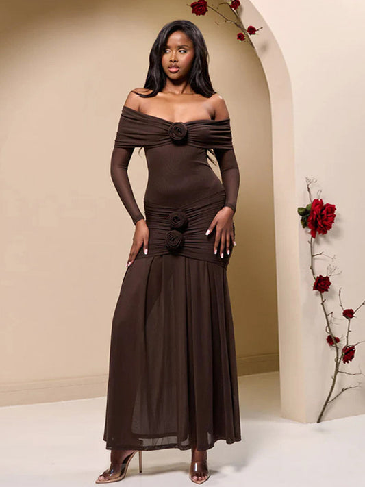 Party Dress Maxi Red Off-The-Shoulder Pleated Long Sleeves Clothes Elegant Semi Formal Dress