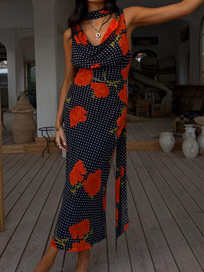 Vacation Dresses Maxi Backless Sleeveless Floral Print Cowl Neck Chic Brown Dress