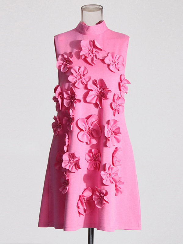 Party Dress Dresses Mini Pink Stand Collar Flowers Sleeveless Casual Semi Formal Dress