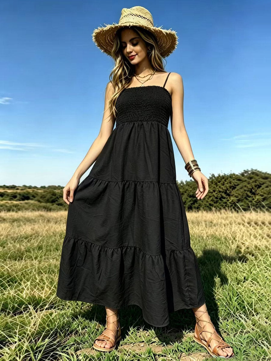 Vacation Dresses Maxi Backless Pleated Sleeveless Straps Neck Chic Light Sky Blue Dress