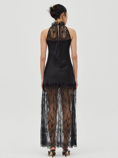 Daily Dresses Woman's Maxi Black Sleeveless Jewel Neck Two-Tone Dress