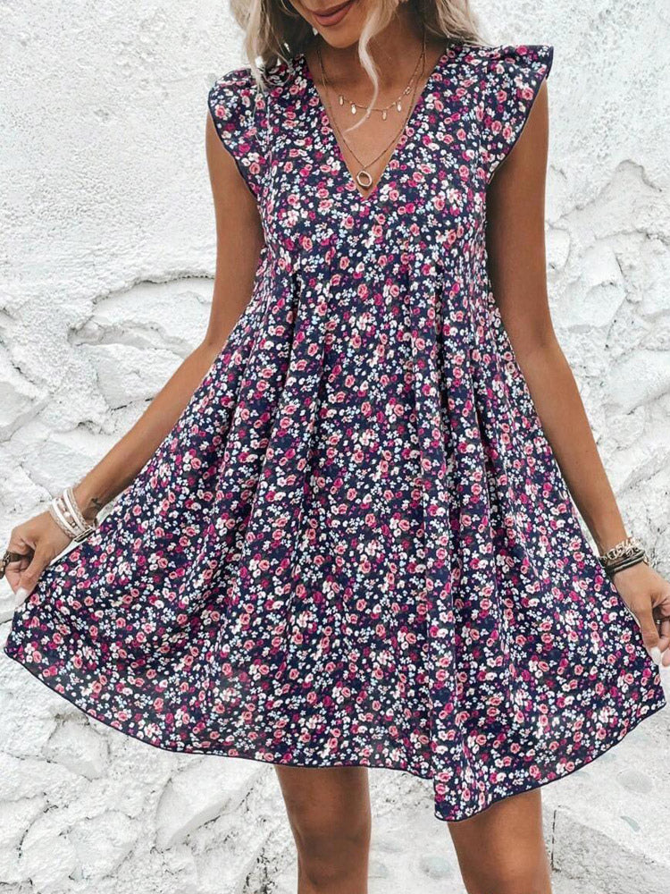 Mini Dresses White Printed Sleeveless Short Dress For Women