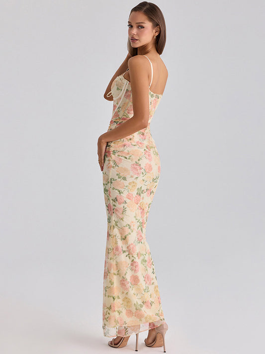 Party Dress Maxi Pink Straps Neck Sleeveless Printed Sexy Semi Formal Dress