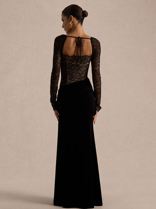 Party Dress Maxi Black Square Neck Long Sleeves Two-Tone Sexy Semi Formal Dress