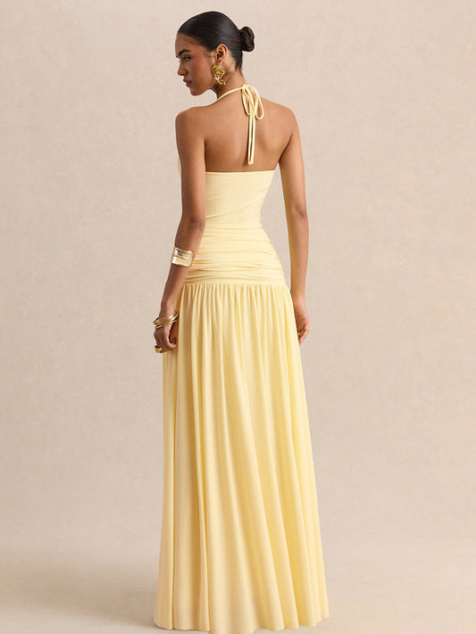 Party Dresses Yellow Straps Neck Short Sleeves Sexy Semi Formal Dress