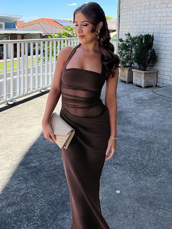Party Dress Maxi Coffee Brown Halter Pleated Sleeveless Backless Sweet Semi Formal Dress