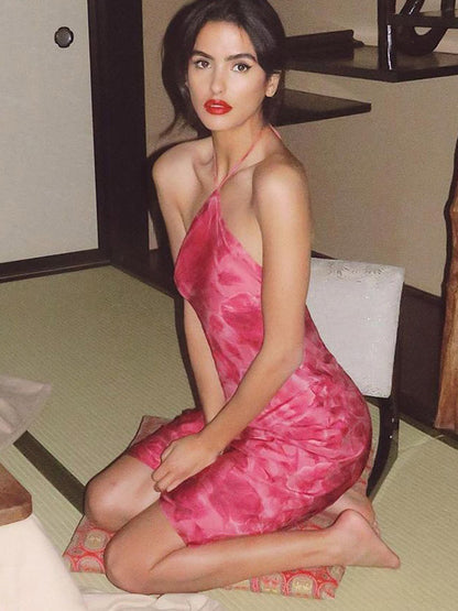 Date Night Dresses Mini Backless Flowers Lace Up Sleeveless Floral Print Halter Casual Rose Dress