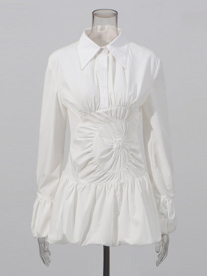 Daily Dresses Mini White Buttons Long Sleeves Turndown Collar Dress