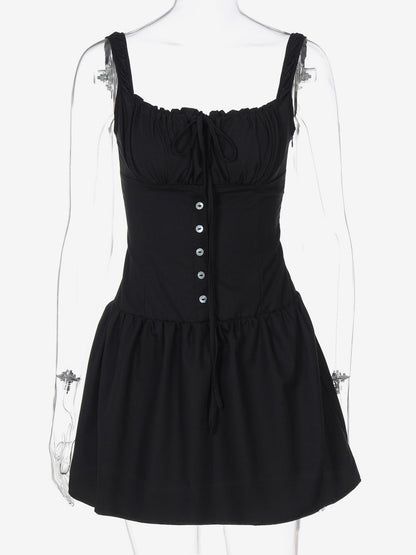Party Dresses Mini White Straps Neck Lace Up Sleeveless Pleated Casual Semi Formal Dress