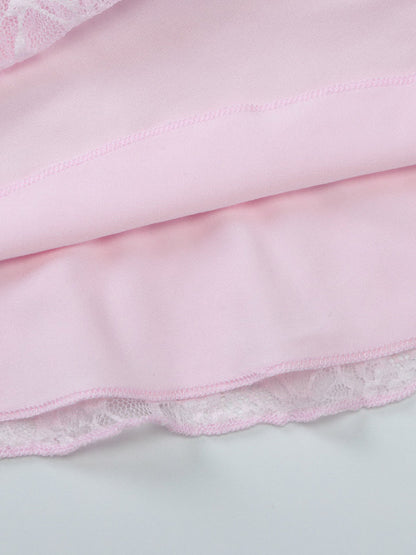 Party Dress Mini Pink V-Neck Lace Long Sleeves Pleated Sweet Semi Formal Dress