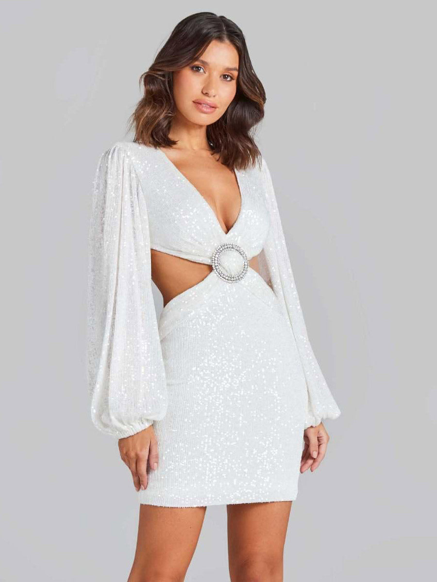 Party Dress Mini White V-Neck Sequins Long Sleeves Cross Front Puff Sleeves Casual Semi Formal Dress