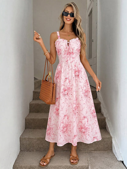 Date Night Dresses Maxi Backless Lace Up Ruffles Sleeveless Floral Print Off-The-Shoulder Chic Pink Dress