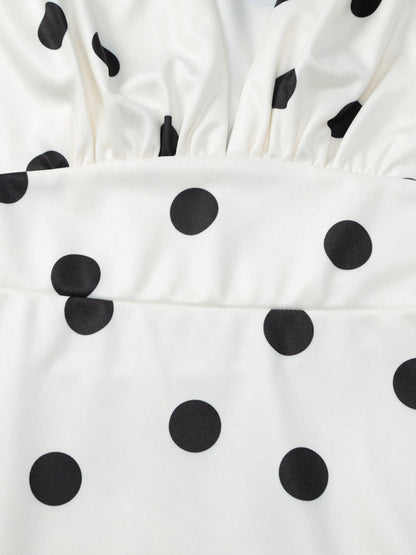 Date Night Dresses Mini Pleated Long Sleeves Polka Dot V-Neck Flared Sleeves Elegant Dress