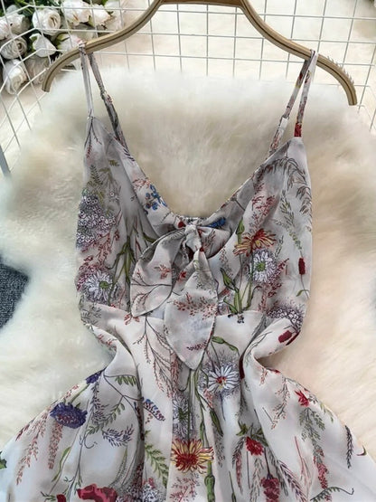 Vacation Dresses Maxi Backless Flowers Strappy Sleeveless Floral Print Straps Neck Chic Apricot Dress