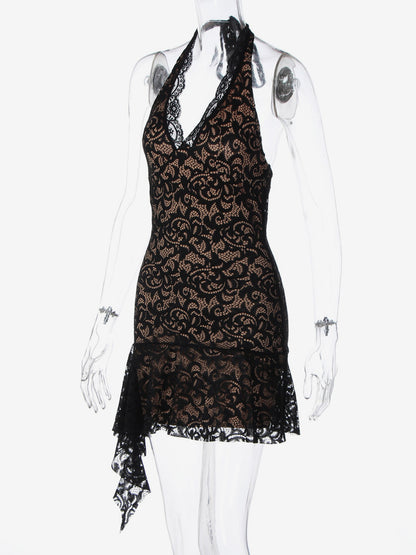 Night Out Dresses Black Lace Halter Deep V Ruffle Mini Dress Bodycon Nightclub Party Outfit