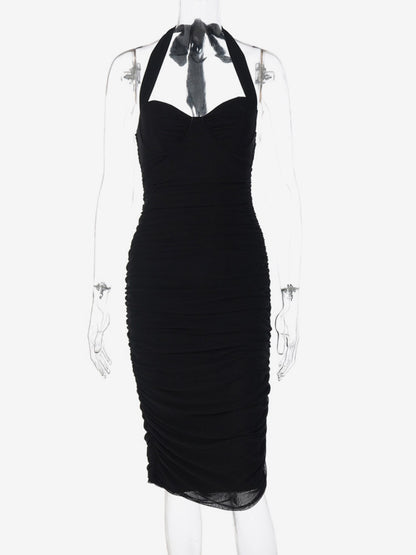 Party Dresses Black Halter Sweetheart Ruched Split Midi Dress Night Club City Outfit