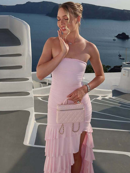 Vacation Dress Strapless Ruched Ruffle Slit Midi Bodycon Dress Beach Resort Sundress