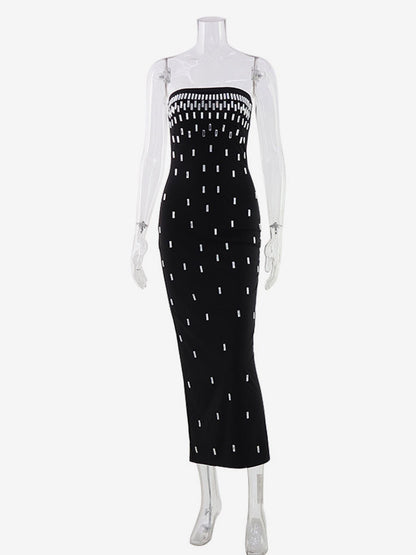 Night Out Dresses Strapless Rhinestone Embellished Bodycon Midi Dress Back Split Evening Gown