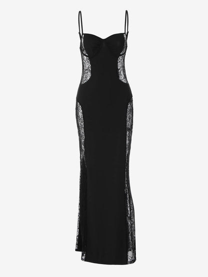 Night Out Dresses Black Side Sheer Lace Panel Mermaid Maxi Dress Nightclub Formal Gown