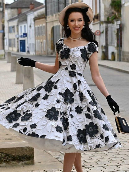 Vintage Floral Midi Dress Black And White A-Line Swing Dress Elegant Party Dress