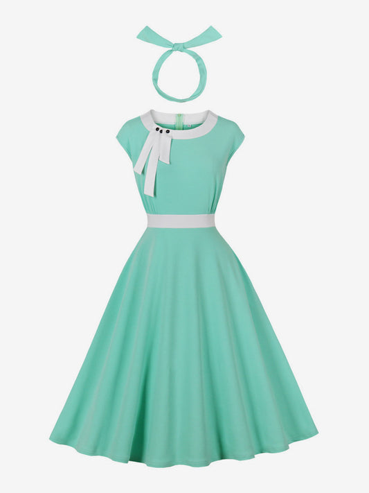 Vintage Swing Dress Women's 1950s Contrast Trim Bow Neck Tea Party Dress