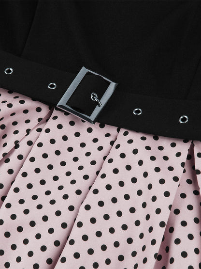 Vintage Swing Dress 1950s Contrast Polka Dot Dress Square Neck Tea Party Dress