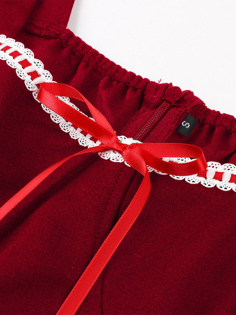 Vintage Dress Women's Puff Sleeve Midi Dress Square Neck Tie Front Fit And Flare Vintage Dress