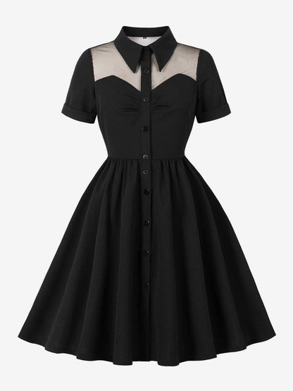 Women's 1950s Vintage Swing Dress Mesh Contrast Collar Button Front Midi Dress