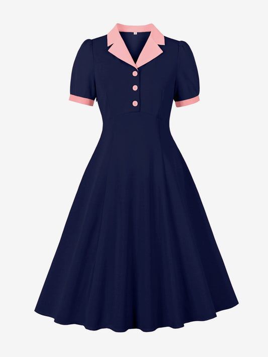 1950s Vintage Lapel Collar Swing Dress Puff Short Sleeve Button Retro Rockabilly Dress