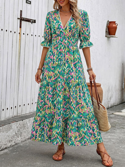 Vacation Maxi Dress Boho Green Abstract Print V Neck Frill Short Sleeve Elastic Waist Tiered Hem Flowy Dress