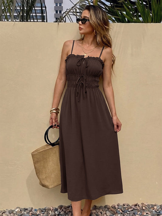 Vacation Dress Cami Ruffle Trim Square Neck Self Tie Elastic Waist Loose Casual Midi Dress