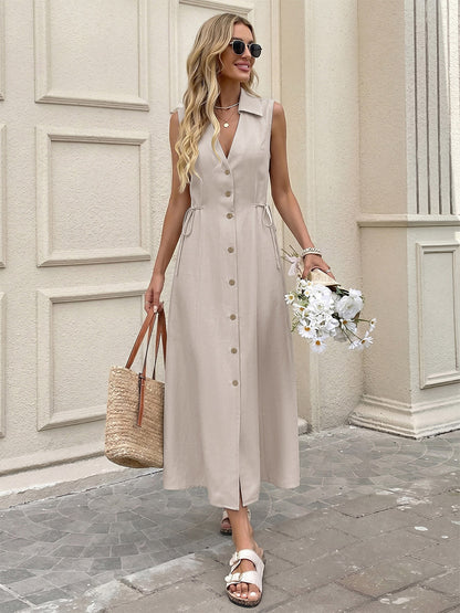 Daily Dress Khaki Sleeveless Collared Shirt V-Neck Button Front Side Drawstring Midi Dress