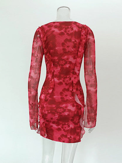 Vacation Dresses Mini Irregular Long Sleeves Geometric V-Neck Sexy Rose Dress
