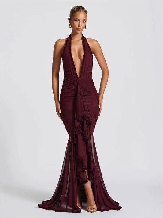 Party Dress Maxi Black V-Neck Pleated Sleeveless Sexy Semi Formal Dress