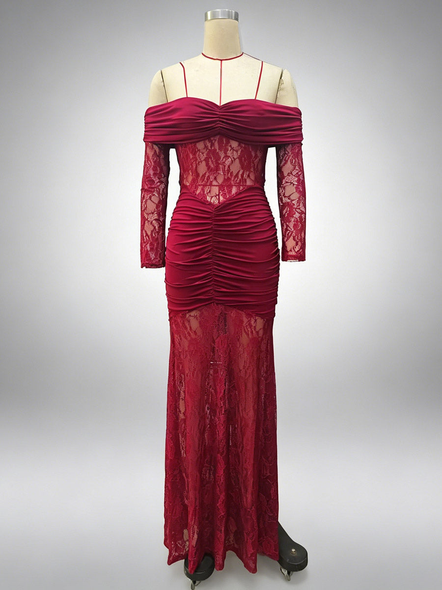 Party Dress Maxi Burgundy Off-The-Shoulder Lace Long Sleeves Sexy Semi Formal Dress