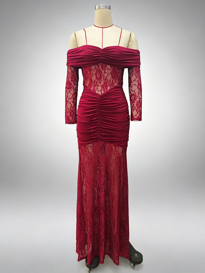 Party Dress Maxi Burgundy Off-The-Shoulder Lace Long Sleeves Sexy Semi Formal Dress